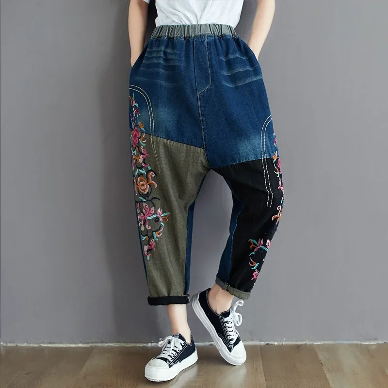 Китайские джинсы-шаровары 2024 брюки в Корейском стиле с вышивкой женские джинсы Mom