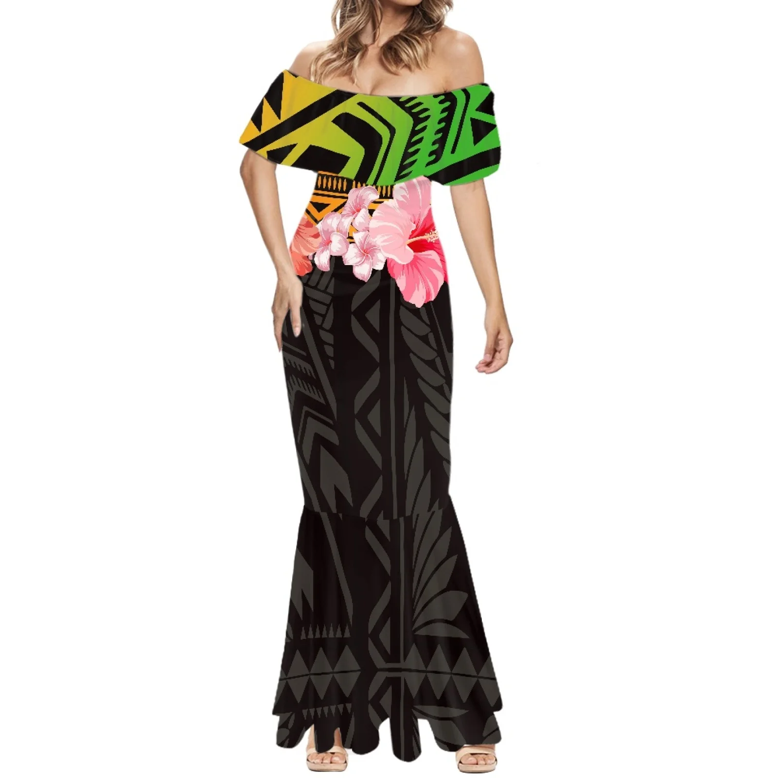 

Полинезийское летнее модное пикантное пляжное платье с принтом на одно плечо элегантное женское банкетное платье с коротким рукавом «рыбий хвост»