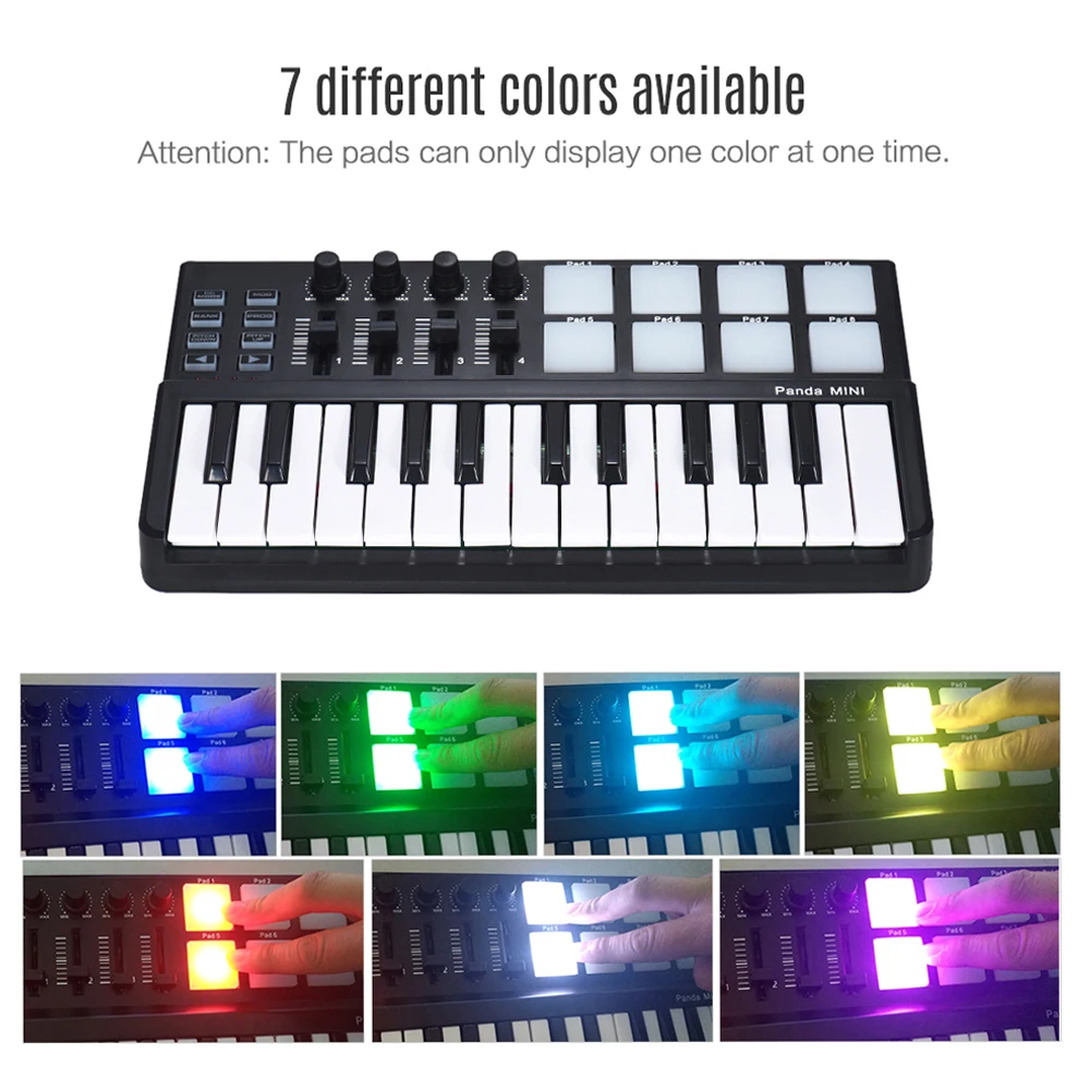 WORLDE Panda MIDI Controller Portable MINI 25 Keys USB Keyboard Controllers with 8 RGB Backlit Trigger Pads 4 Control Knobs - купить по