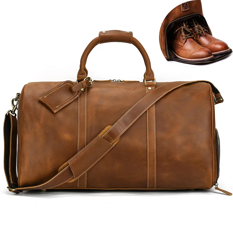 Fashion Leather Travel Bag Leather Handbag Weekender Duffle Bag Crazy Horse Leather Male Travelling Luggage Bag Men Retro