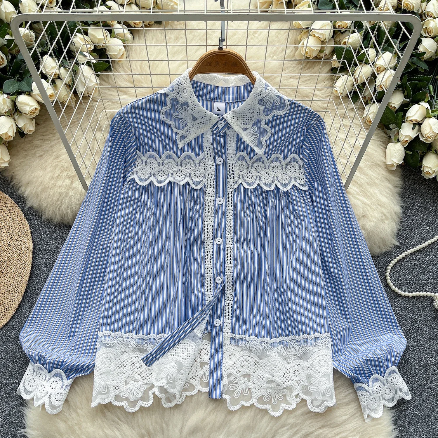 Шикарный кружевной базовый элегантный топ с длинными рукавами и воротником-поло