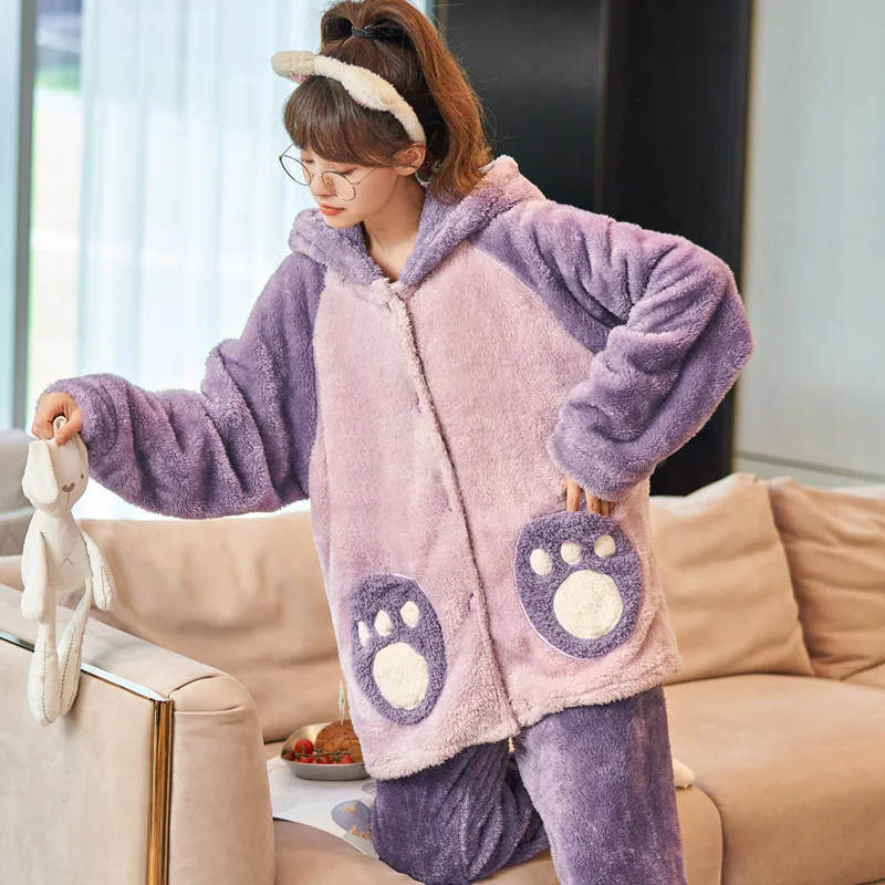 FUNISHI Women's pajamas Plush Winter Pajamas Loose Version Hooded Pajama Set Inspissate pijama mujer Plus Size 3XL Cartoon
