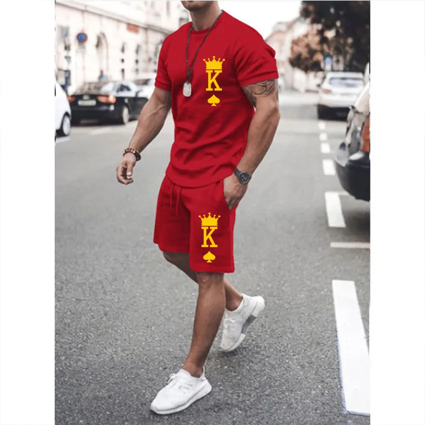 Summer Men Tracksuits Two-piece Set K-word Short Sleeve T-shirt Casual Sportswear Fashion Red Streetwear Solid Color Clothing