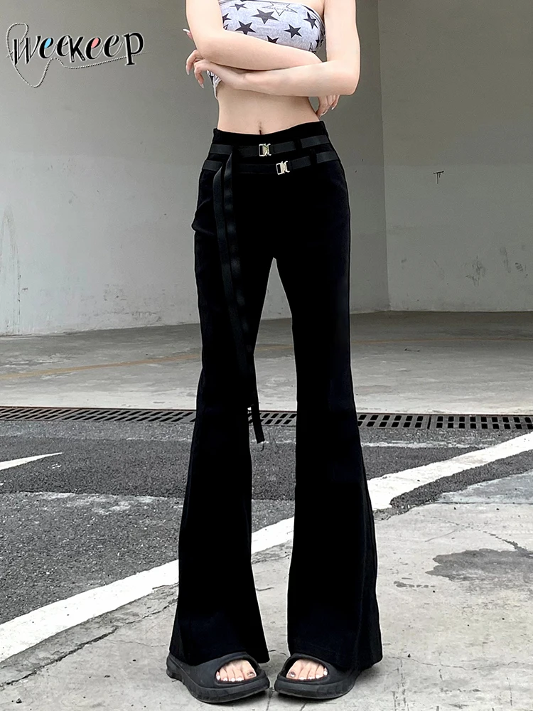 

Женские черные расклешенные брюки Weekeep, повседневные брюки с регулируемой лентой и низкой посадкой, уличная одежда в Корейском стиле, Y2k