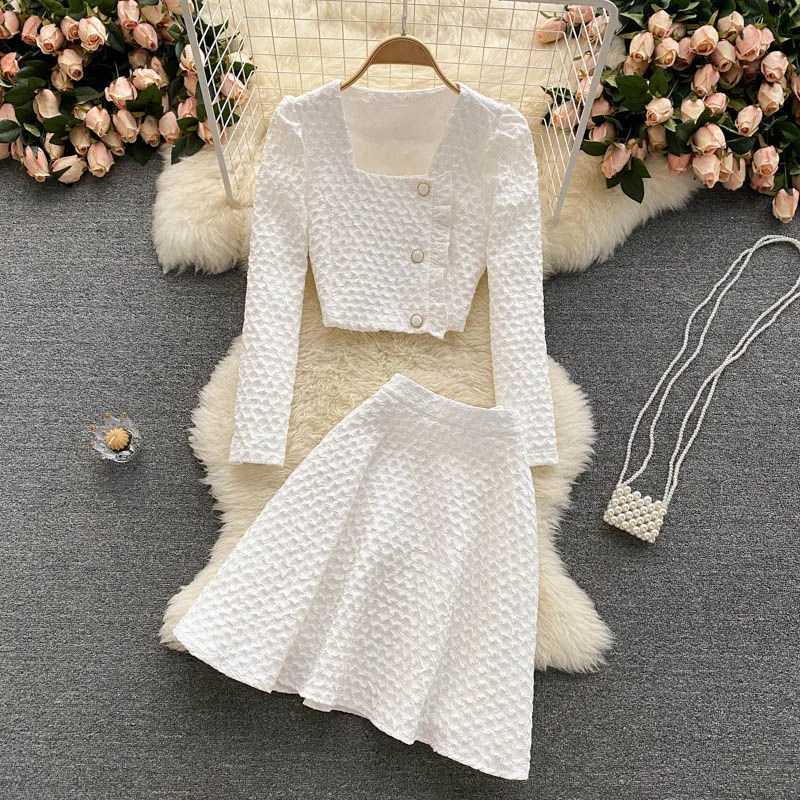 

New Fashion Elegant Women Two Piece Set Slim Suit Short Jacket Tops+High Waist A-line Short Mini Skirt Streetwear Suits Q5798