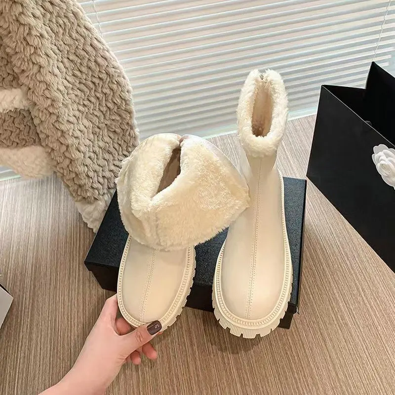 2023 New Winter Fur Women Boots Fashion Round Toed Back Zippers Simple Ladies Keep Warm Plush Short Casual Boots Zapatos Para