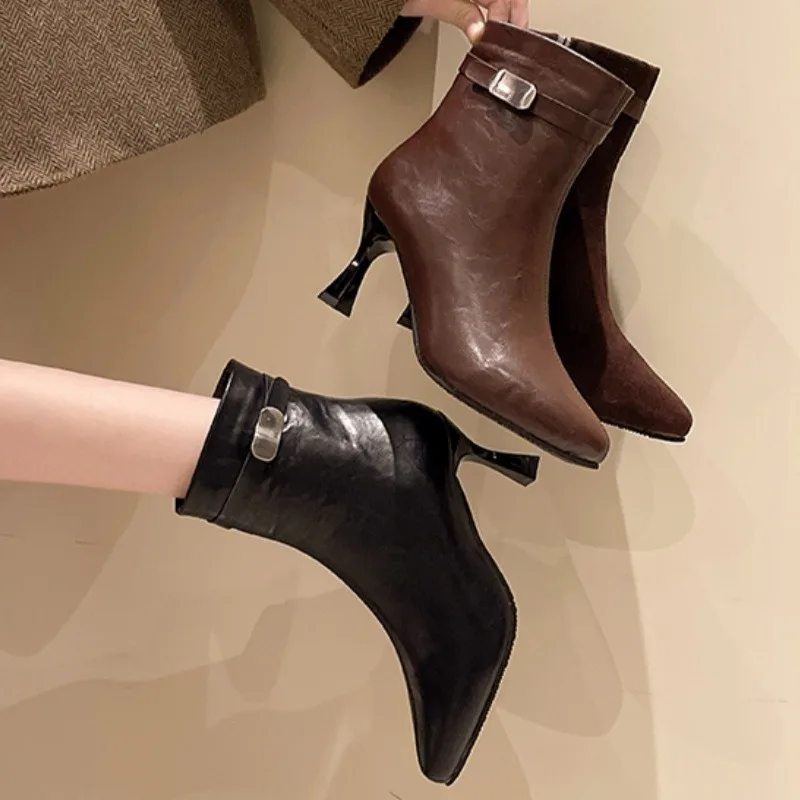 Женские ботильоны на высоком каблуке пикантные замшевые элегантные туфли с