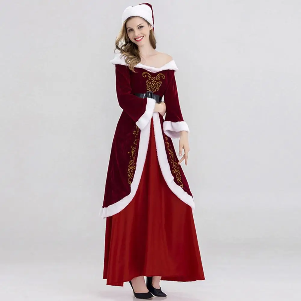 

Hat Belt Shawl Gloves Unique Pattern Christmas Dress Red White Velvet Trim Santa Claus Cosplay Costume Festival Clothing