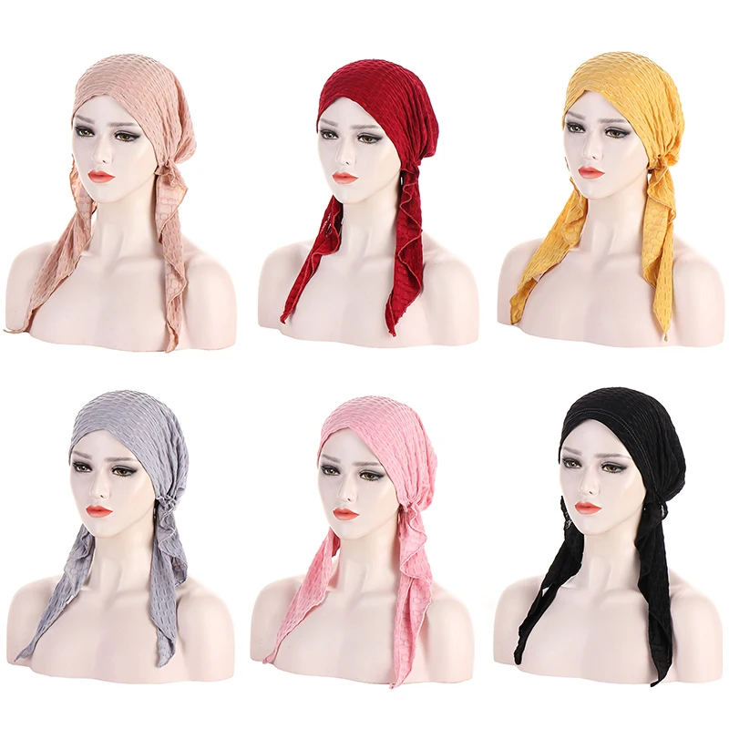 

New Muslims Women hijab Ruffle Turban Hat Headscarf Inner Hijab Caps Long Tails Muslim Turban Caps Bonnet Hat Turbante Mujer