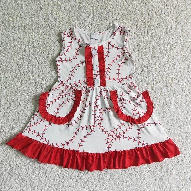 

Wholesale Game Day Children Baby Girl Summer Boutique Dress Ball New Sleeveless Clothes Baseball Pocket Kids Red Ruffle Shorts
