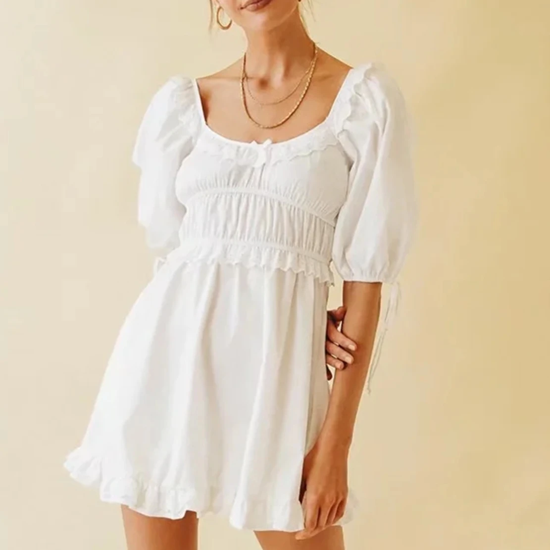 

Withered 2023 Summer Indie Folk Vintage Puff Sleeve Lace Embroidery Pure Cotton White Ruffles Elegant Casual Party Dress Women