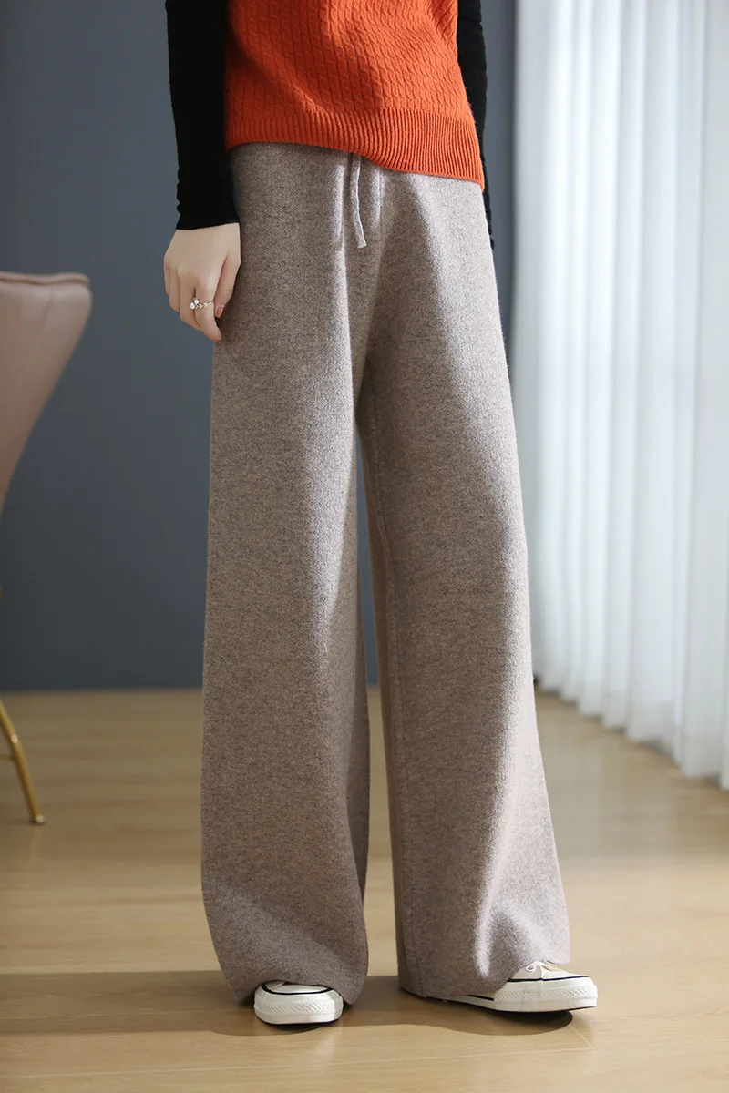 2023 New Autumn Winter Women 100% Wool Elastic Pants Soft Waxy Comfortable High-Waist Knitted Female Solid Color Wide Leg Pants