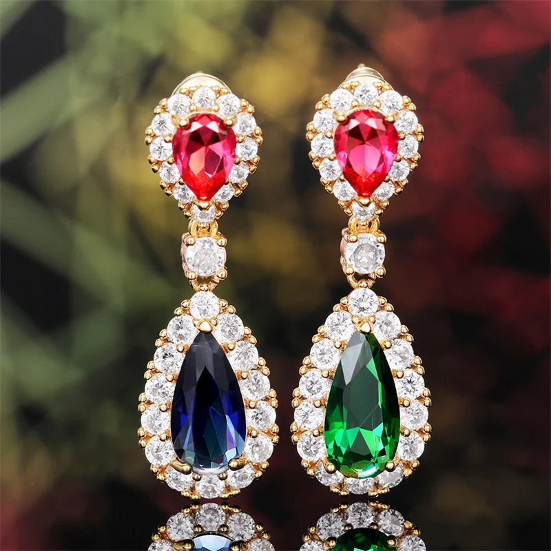 

New Gorgeous Red/Blue/Green Cubic Zirconia Drop Earrings for Women Fancy Design Female Wedding Party Luxury Fashion Jewelry