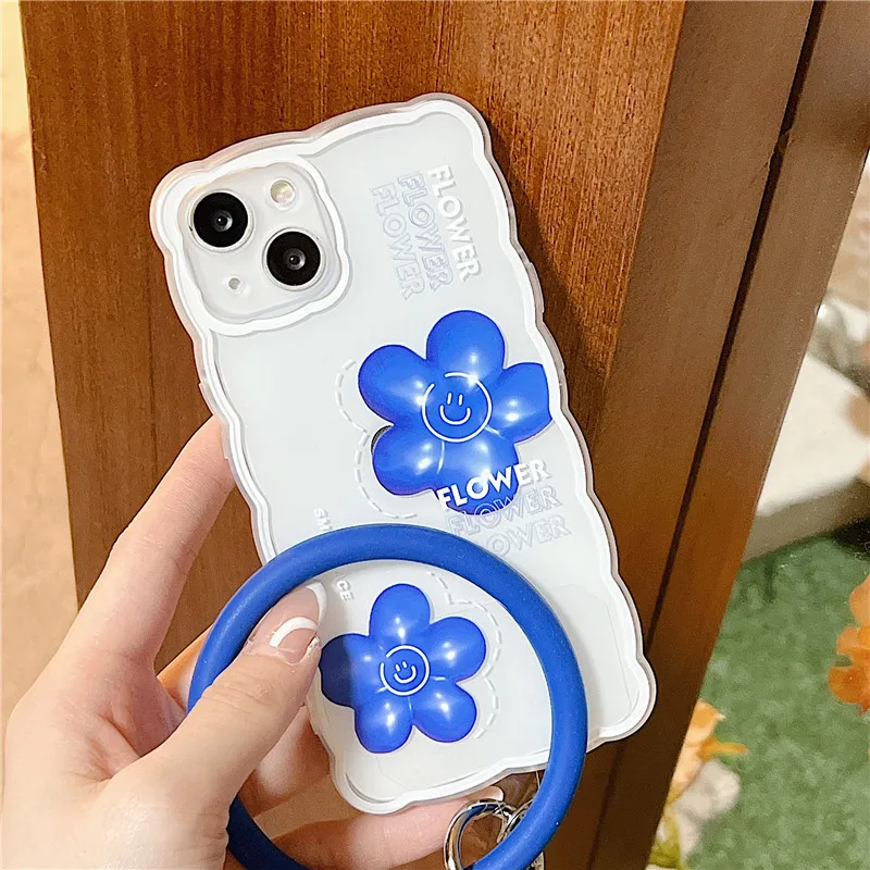 

Cute Klein Blue Flower Bracelet Ring Clear Phone Case For iPhone 13 11 12 Pro Max X XR XS Max 13MINI 7 8 Plus Cartoon Soft Cover