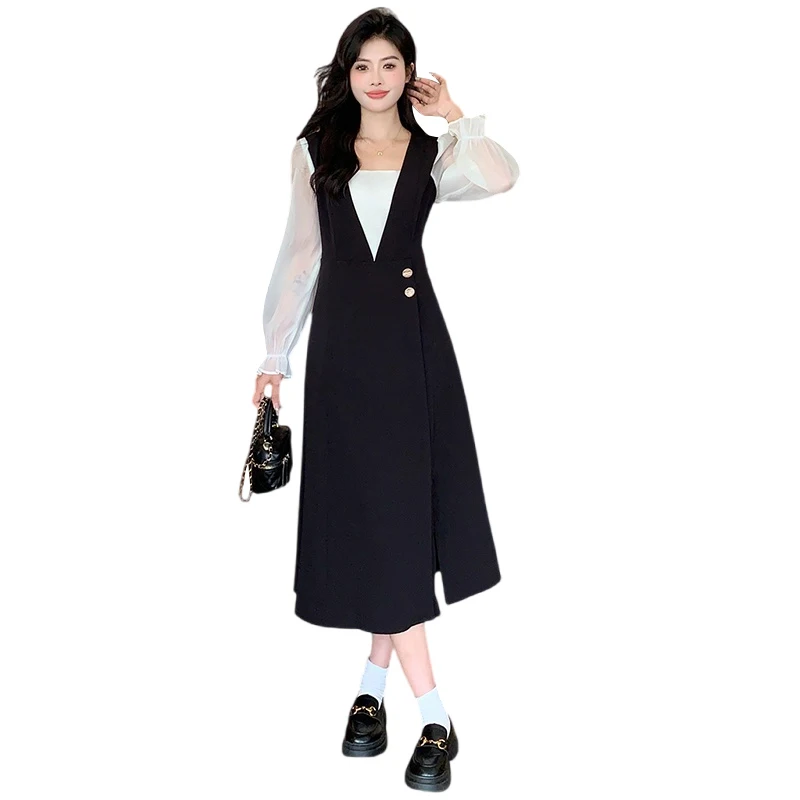 Осень-зима женские искусственные платья из двух частей с квадратным воротником