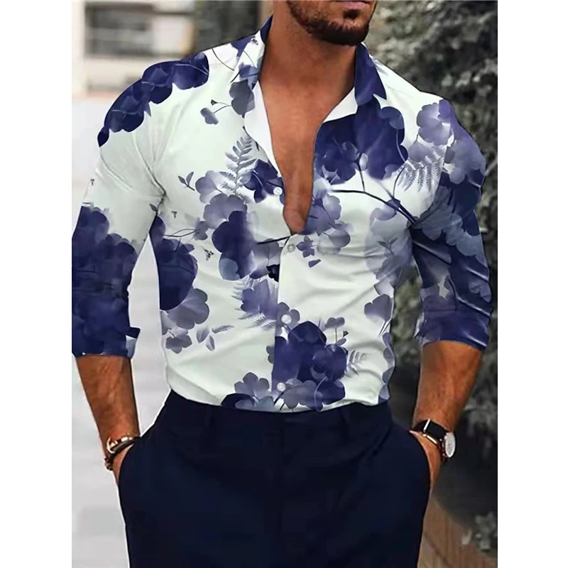 

New Spring Summer Men's Shirt Ink Painting Print Tops Casual Streetwear Turn-down Collar Button Long Sleeve Shirt Vintage Blouse