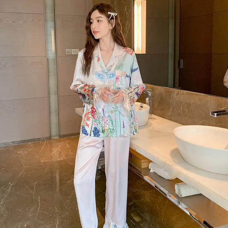 Autumn New Simple Casual Homewear Women's Floral Frill Long-Sleeved Trousers Pajamas Fashion Cardigan Homewear