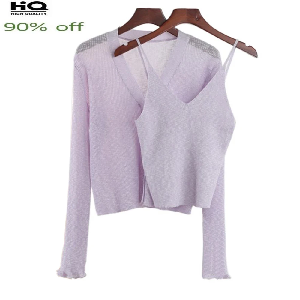 

spring New summer ice silk v-neck knitting cardigan + sling set brief paragraph condole belt vest 2 suit is prevented bask