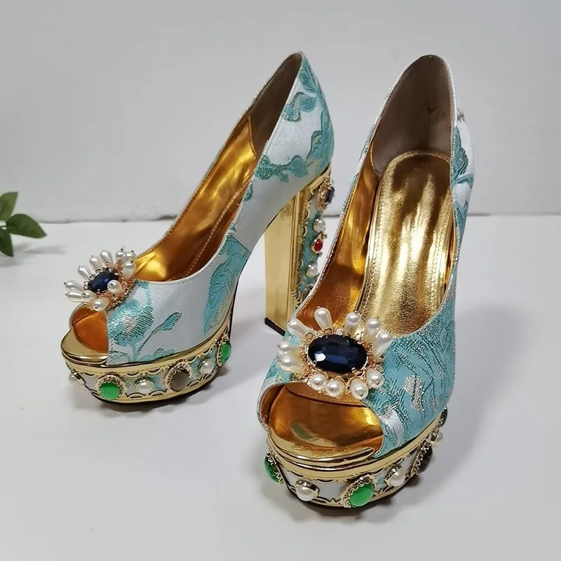 

Luxury Shining Pearl Rhinestone Embellished Pumps 14Cm High Heels Fashion Thick Heel Sandal Female Peep Toe Platform Dress Shoes