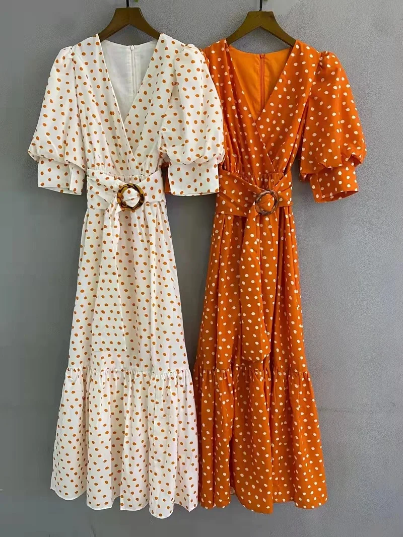 

Sexy V-Neck Long Dress 2022 Summer Casual Party Women Polka Dot Prints Ring Belt Deco Short Sleeve Long Maxi Dress Orange White