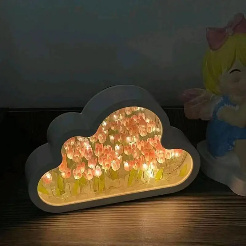 

Handmade DIY Cloud Tulip Mirror Small Night Light INS Girl Heart Living Room Desktop Decoration Birthday Gift Holiday Gifts