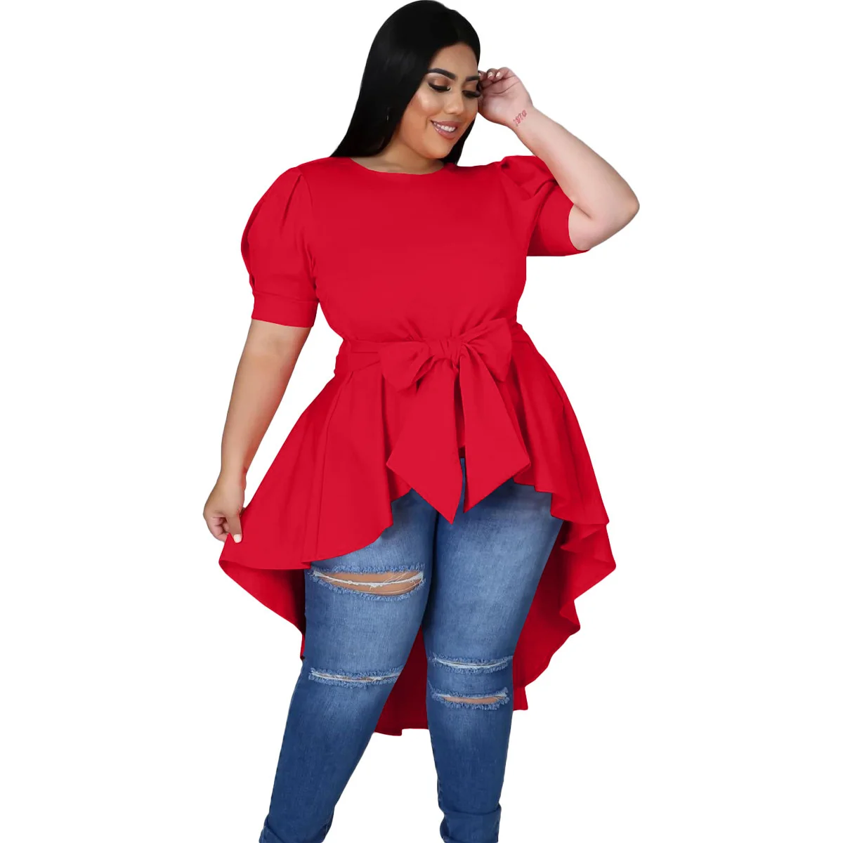 Women's Plus Size Dresses Fashion Bow Irregular Dress Elegant Solid Color Large Size Female Short Sleeve T-shirt Casual Commuter