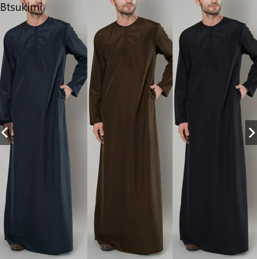 New 2023 Islamic Arabic Muslim Kaftan Men Long Sleeve Zipper Loose Abayas Robes Saudi Arabia Dubai Jubba Thobe Men Clothes S-5XL
