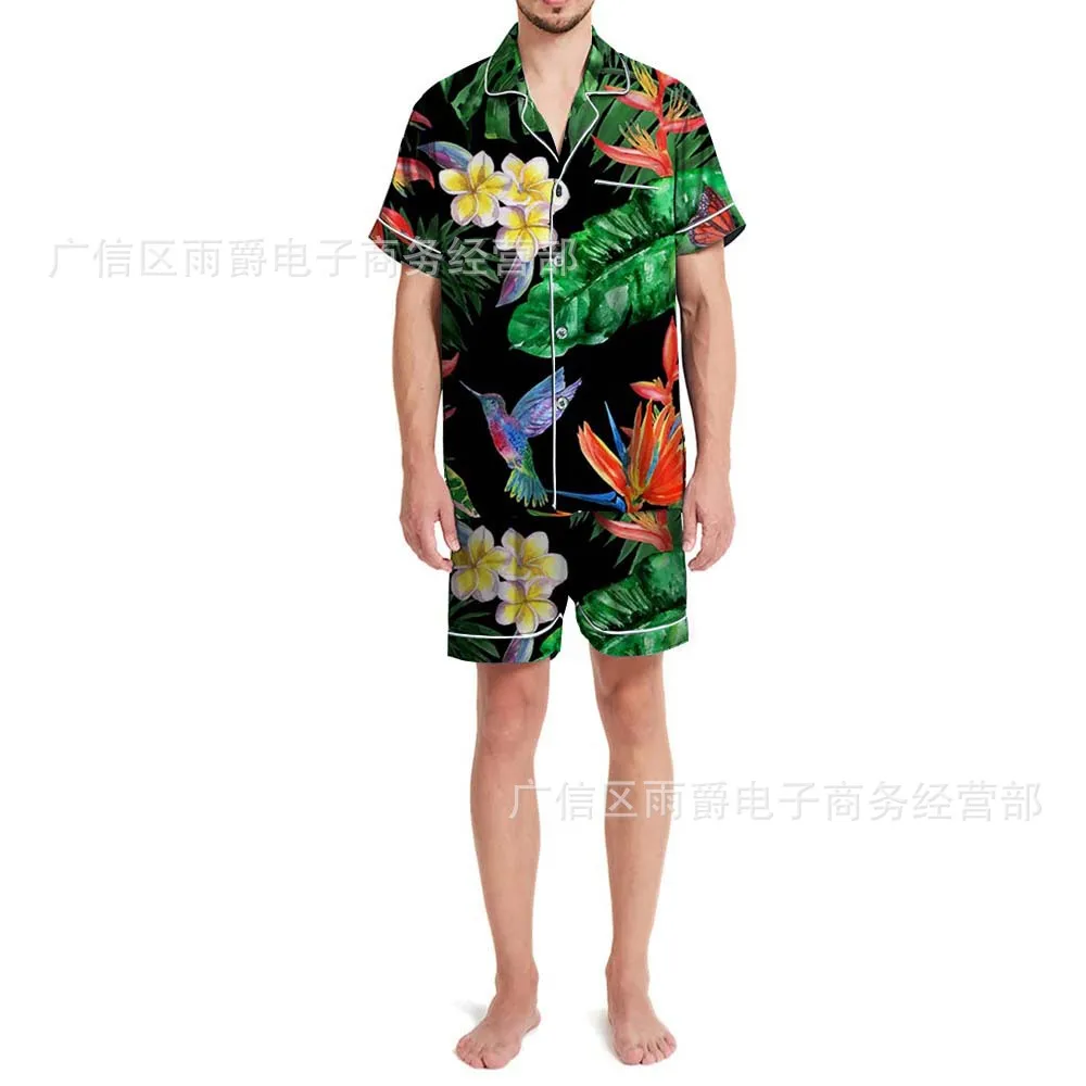 Men's Silk Pajamas 2pcs Short Sleeve Lapel Single-breasted Printed Shirts Shorts Home Clothing Lounge Wear Men Silk Satin Pajama