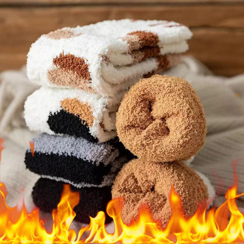 Women Socks Girl Plush Coral Velvet Autumn Winter Cat Paw Lovely Thickened Keep Warm Wood Floor Happy Funny No Shed Hair Quality