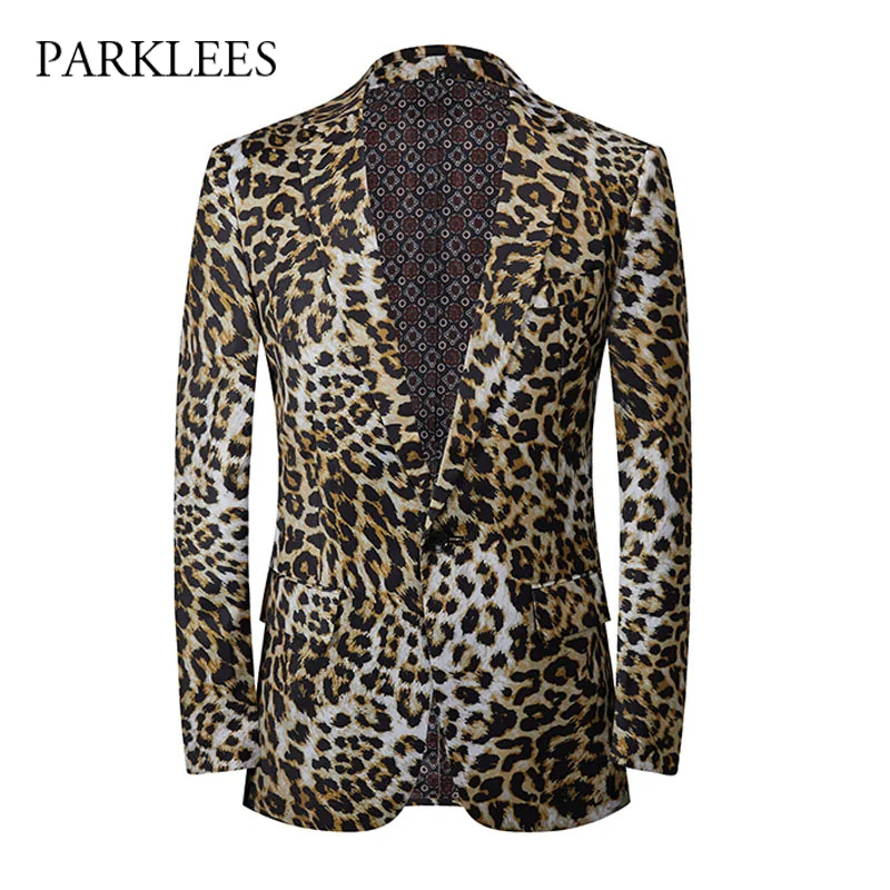 

Parklees Leopard Print Mens Suit Blazer Stylish Notched Lapel One Button Slim Fit Blazer Party Wedding Nightclub DJ Costume Male
