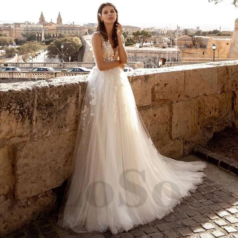 

Vintage Wedding Dress O-Neck Exquisite Appliques Sleeveless Tulle A-Line Princess Mopping Gown Robe De Mariee 2022 Women