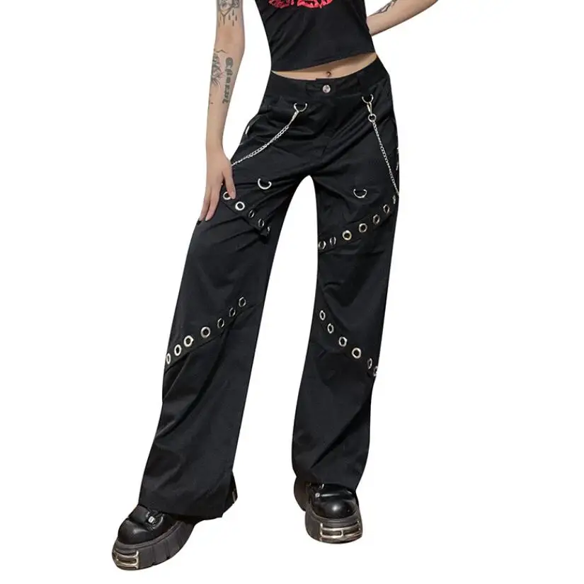 

y2k Rivet Chain Cargo Pants Women Baggy Pockets Black Trousers Woman Vintage Punk Streetwear Sweatpants Korean 90s Joggers w410