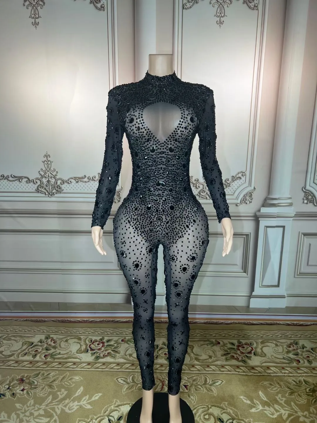 

Black Gauze Shining Rhinestones Sexy Long Sleeves Jumpsuits For Women Nightclub Party Clothing Singer Stage Costumes Prom Wear