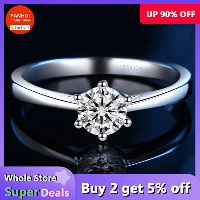 

YANHUI Luxury 18K White Gold Plating Solid 925 Sterling Silver Rings Natural Round 1 Carat Zircon Diamant Rings for Women Gifts