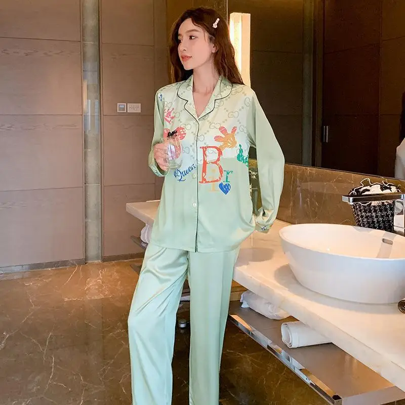 New Autumn Pajamas Women's Trend Cartoon Printed Long Sleeve Trousers Suit Ice Silk Casual Cardigan Homewear