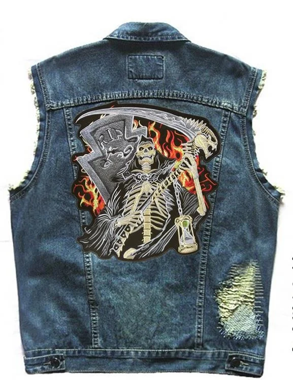 

Embroidered Skeleton Flame Patch Designs Men's Motorcycle Distressed Ripped Denim Vest Men Motor Biker Sleeveless Jacket