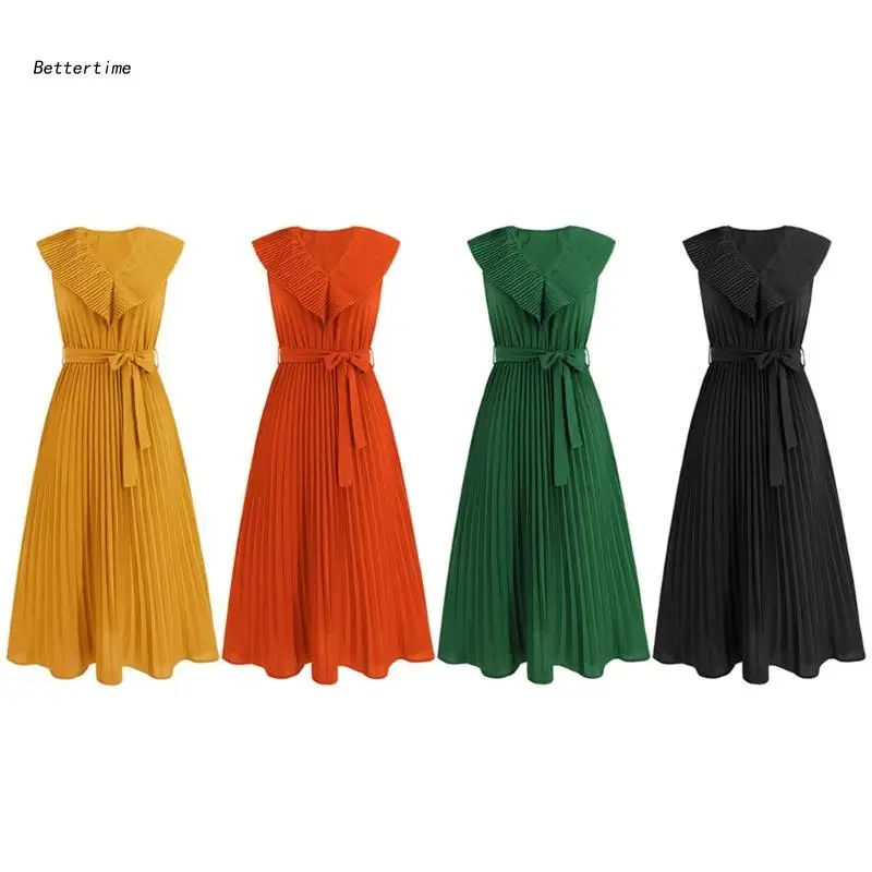 

B36D Womens Sleeveless Ruffle Trim V-Neck Solid Color A-Line Midi Dress Belted High Waist Pleated Flared Swing Long Dresses