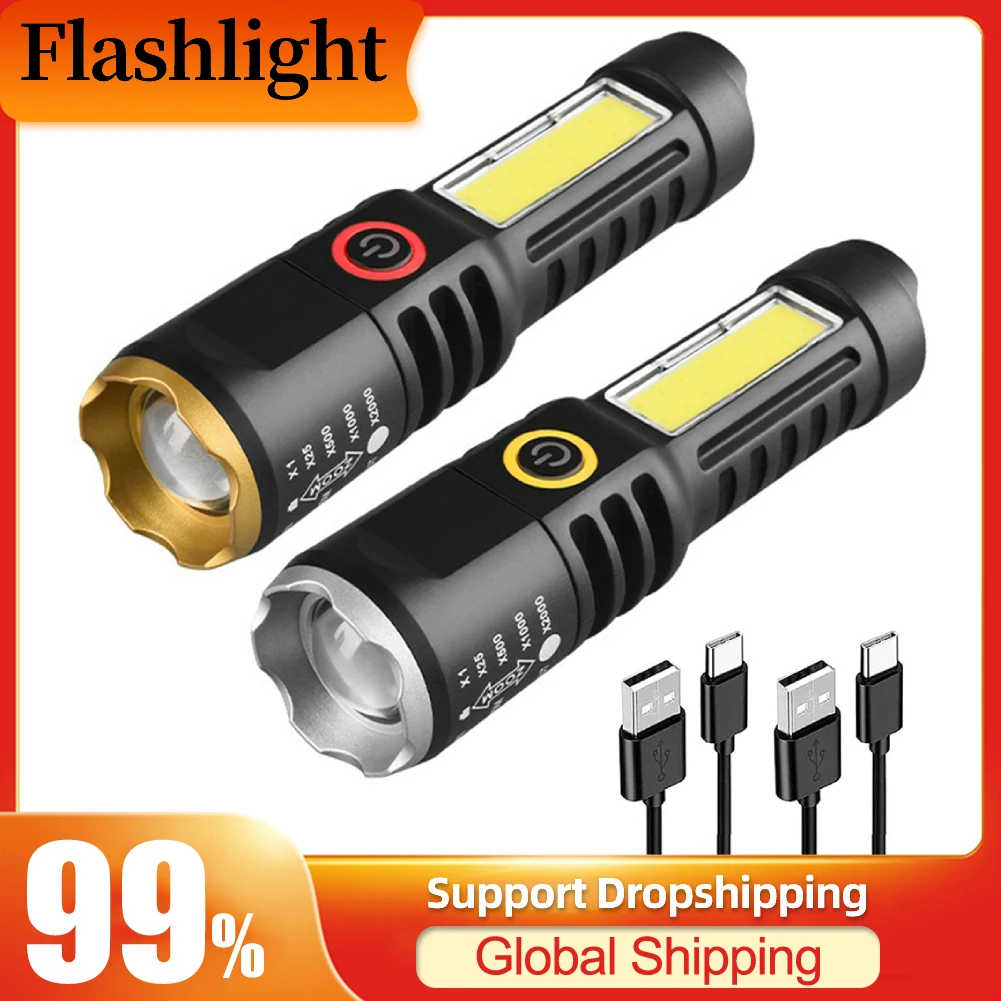 

Waterproof Torch Light Telescopic Zoom XPE COB LED Zoomable Flashlight Type-C USB Charging Strong Flashlight 4 Modes Work Light