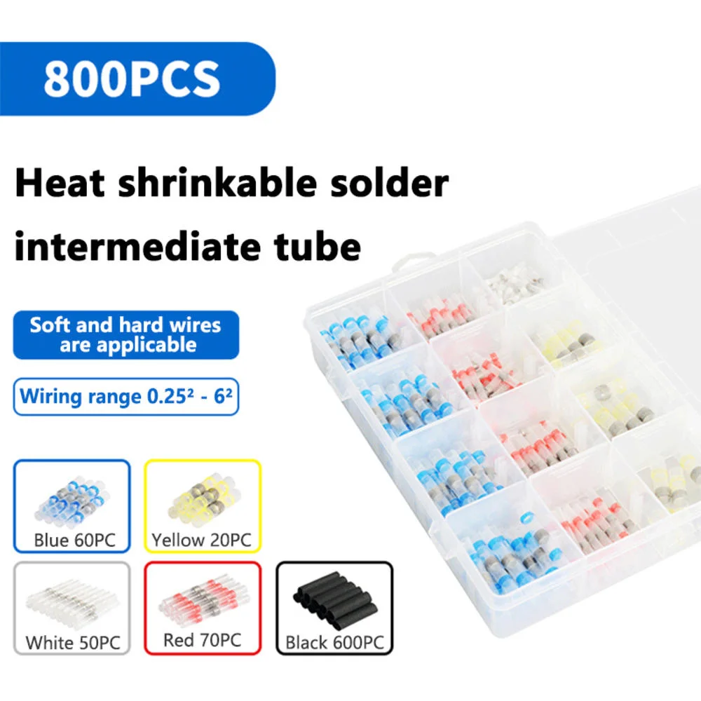 

800pcs Insulated Terminals Waterproof Solder Ring Terminal Heat Shrinkable Sleeve Boxed Heat Shrinkable Intermediate Tube Set