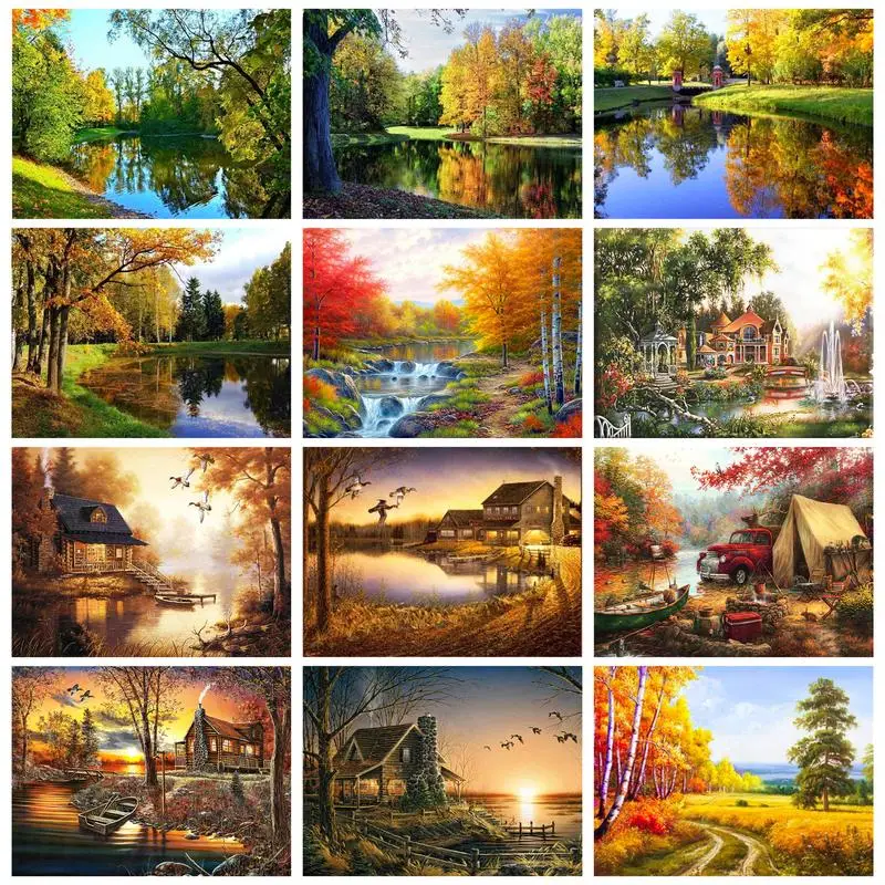 

GATYZTORY Oil Painting By Numbers Kill Time Autum Landscape Drawing By Numbers For Adults Home Decors Artwork Lake Diy Gift