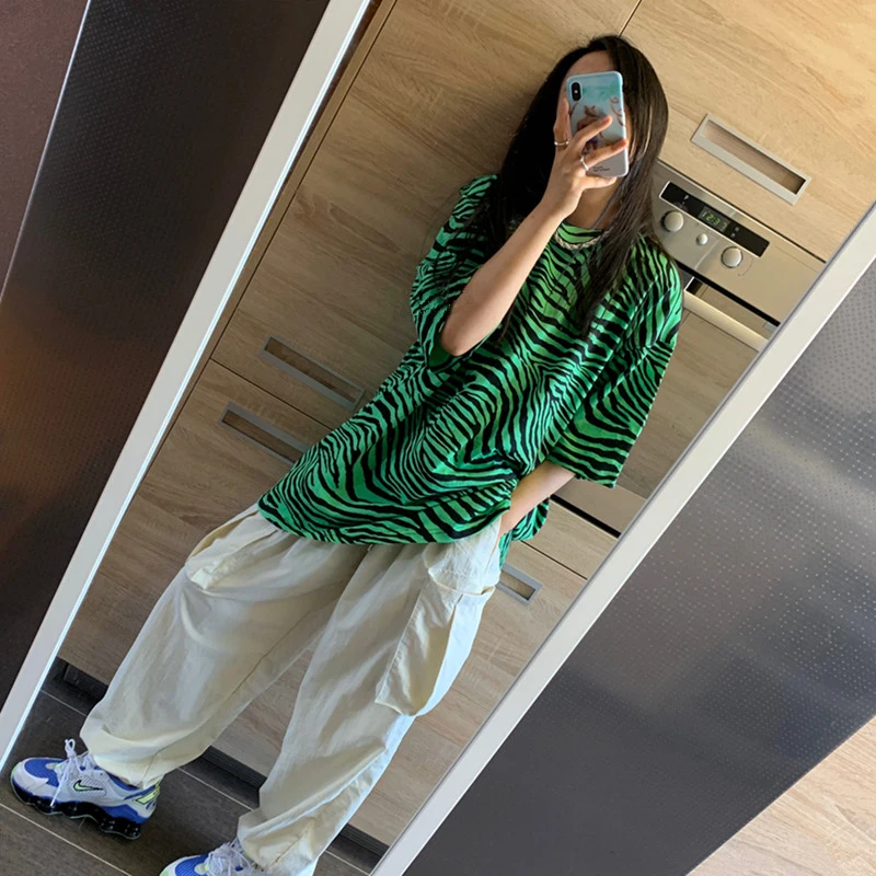 Футболка женская с коротким рукавом уличная одежда в полоску зебры топ круглым