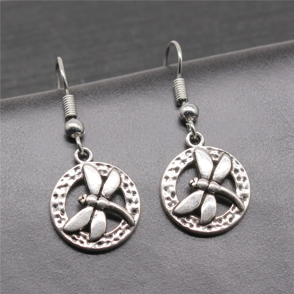 

Fashion Handmade Simple Design Antique Silver Color Round Dragonfly Pendant Earrings Women Vintage Drop Earrings