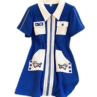 2022 korean elegant blue midi dresses short sleeve woman designer turndown collar sweet preppy style golf tennis dress summer