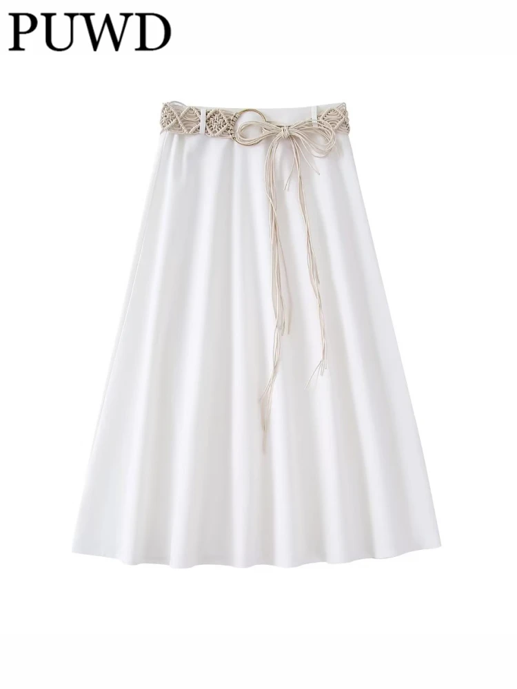 

PUWD Women White With Belt A-line Skirt 2022 Summer Fashion Girls Casual Female Polyester Dress