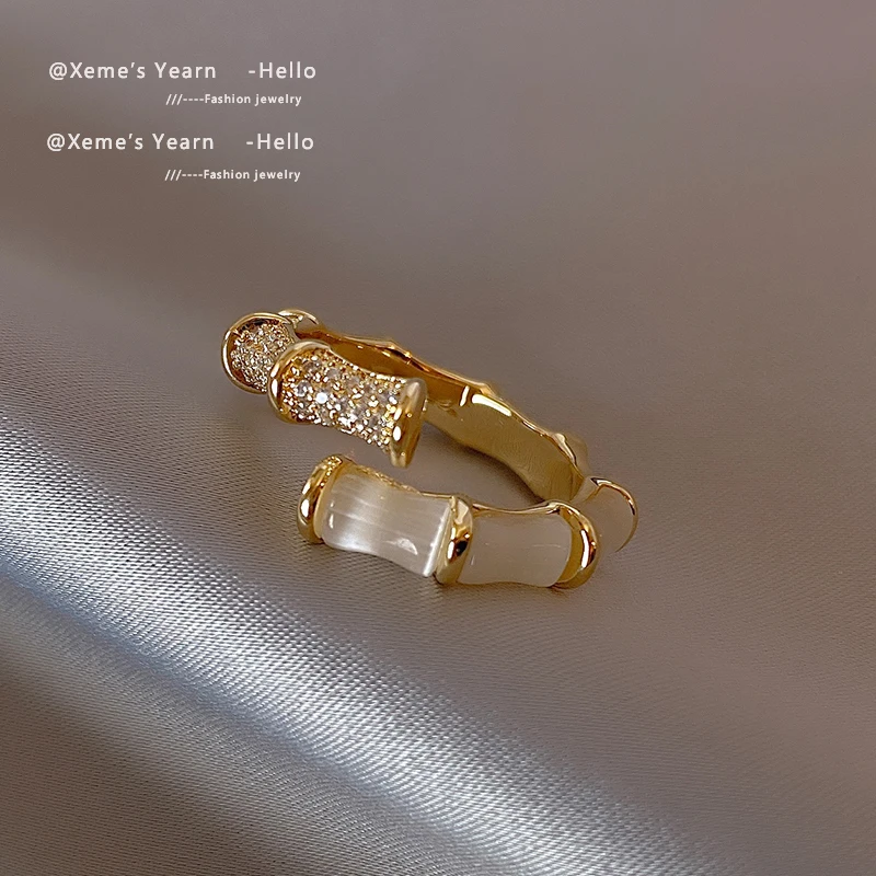 

2022 New Design Opals Bamboo Shape Gold Colour Adjustable Rings Korean fashion Jewelry Party Luxury Accessory For Woman‘s Gift