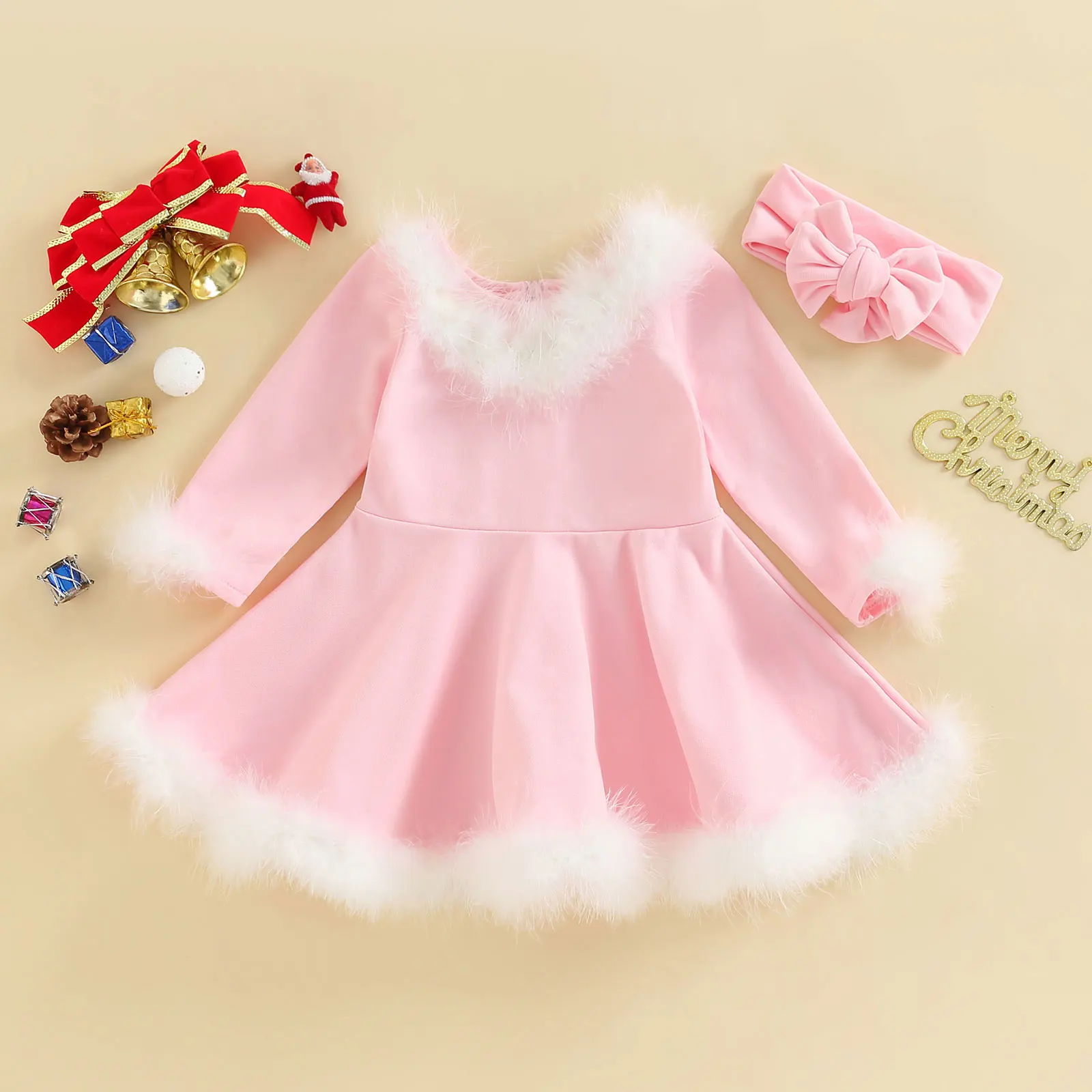 

2023 New Autumn Winter Kids Toddler Baby Girls Dress Solid Long Sleeve Feather Party Dress Headband Costumes Clothes