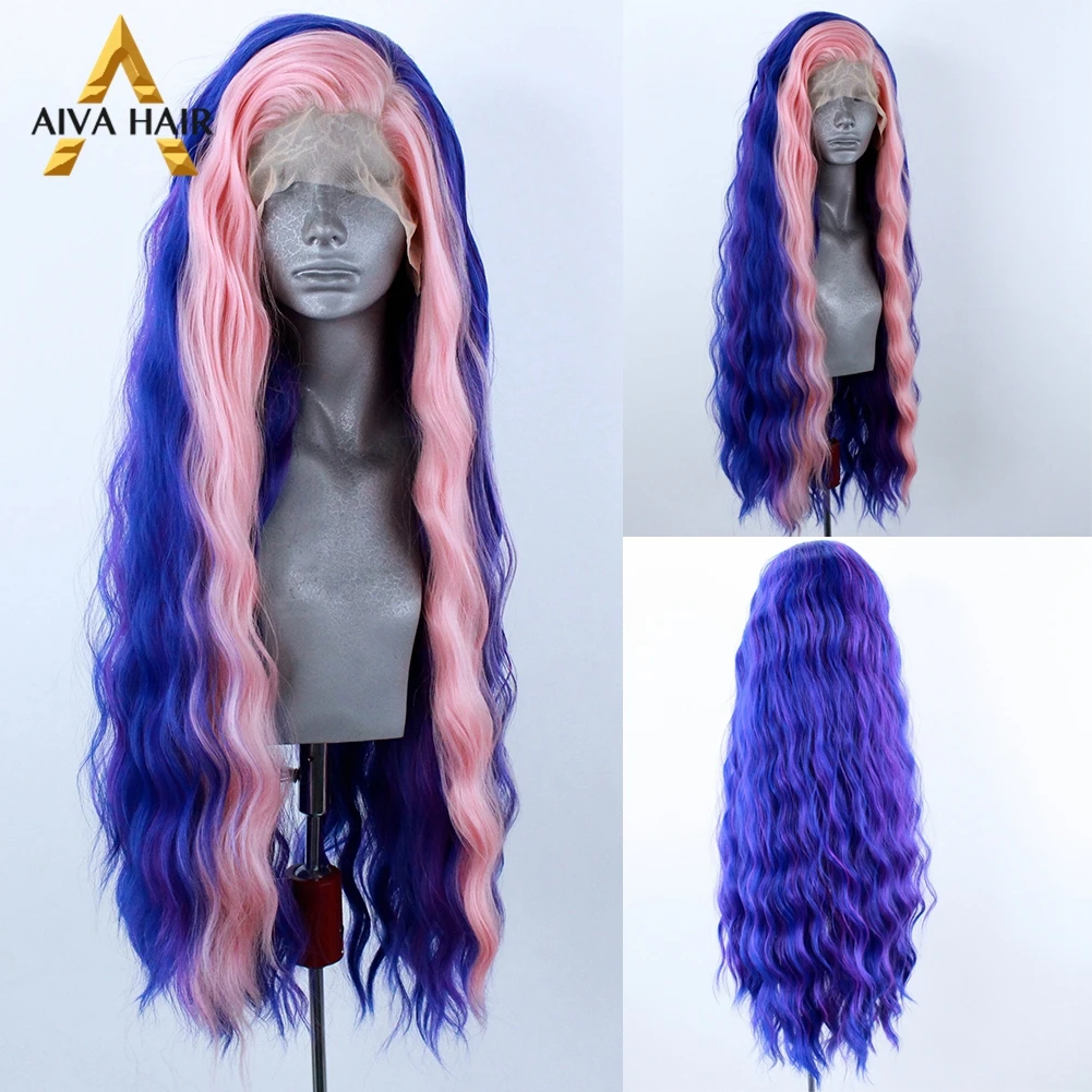 Блестящий розовый синтетический кружевной парик длинный синий термостойкий