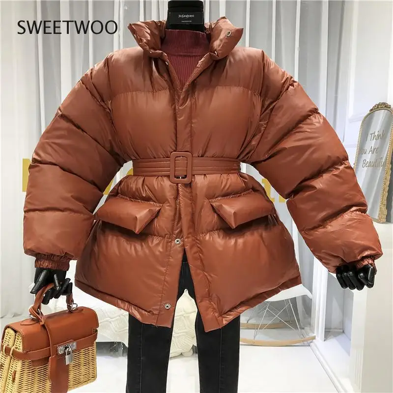 Winter Coat Ladies Parker Coat Shiny Surface Warmth Thick Thick Cotton Casual Loose Women Jacket Ladies Belted Jacket 2022 New