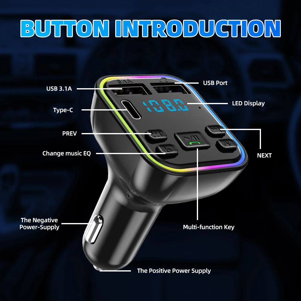 FM-трансмиттер автомобильный с поддержкой Bluetooth 5 0 и двумя USB-портами |