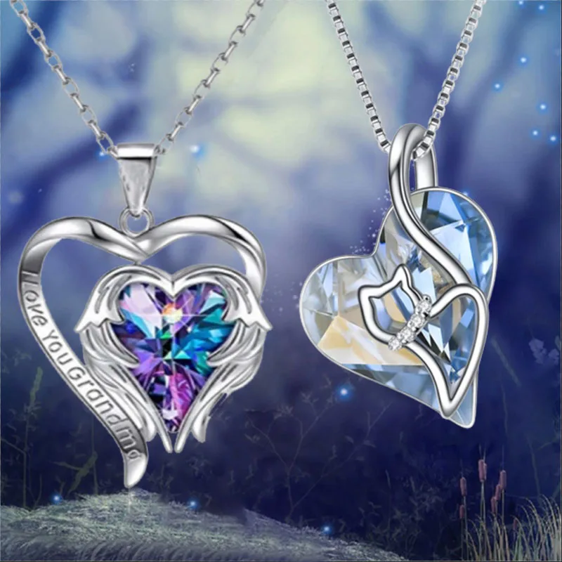 

1/2pcs Heart Pendant Necklace Ladies Blue Crystal Tone Mother's Day Birthstone Jewelry Ladies Birthday Anniversary Party